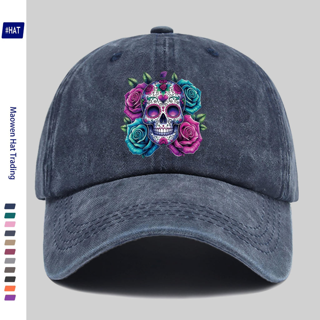 1pc Washed Baseball Cap, Festive Skull And Rose Pattern with Heat Transfer Design, New Halloween-Themed Autumn/Winter Distressed Baseball Cap, Unisex, Adjustable, Lightweight Outdoor Hat