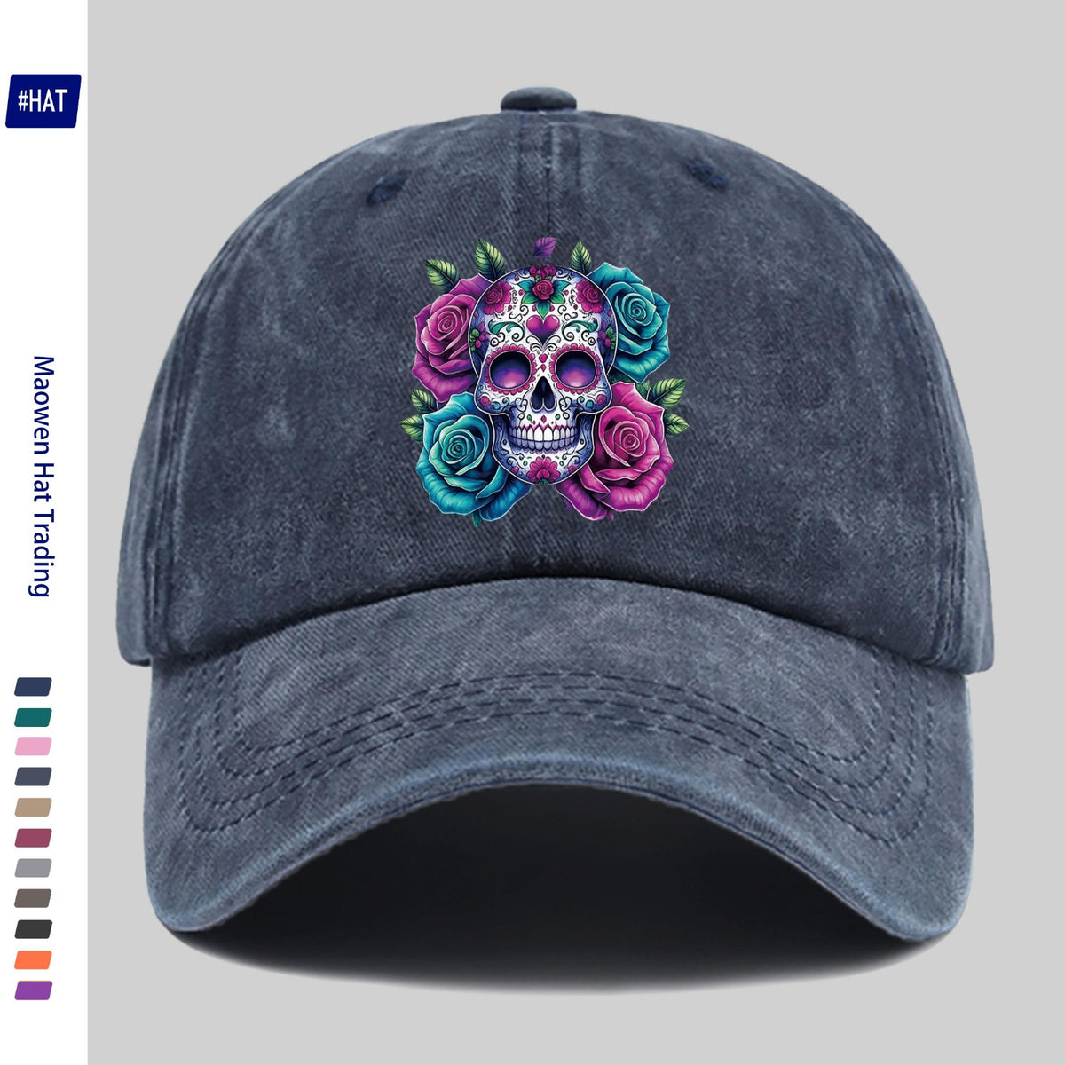 1pc Washed Baseball Cap, Festive Skull And Rose Pattern with Heat Transfer Design, New Halloween-Themed Autumn/Winter Distressed Baseball Cap, Unisex, Adjustable, Lightweight Outdoor Hat