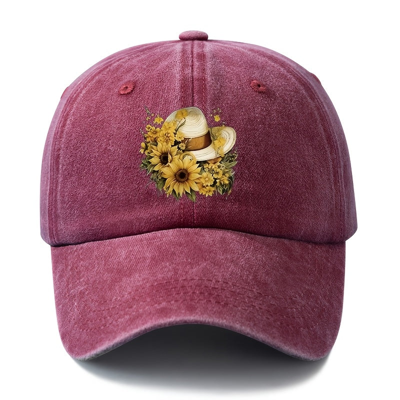 Printed Sunflower Baseball Cap, Unisex And Adjustable Size, with Curved Brim, Lightweight And Sun-Protective for Outdoor Use, Suitable for Outdoor Vacations, Camping, Casual Wear, And Hip-Hop Style, Trucker Baseball Cap