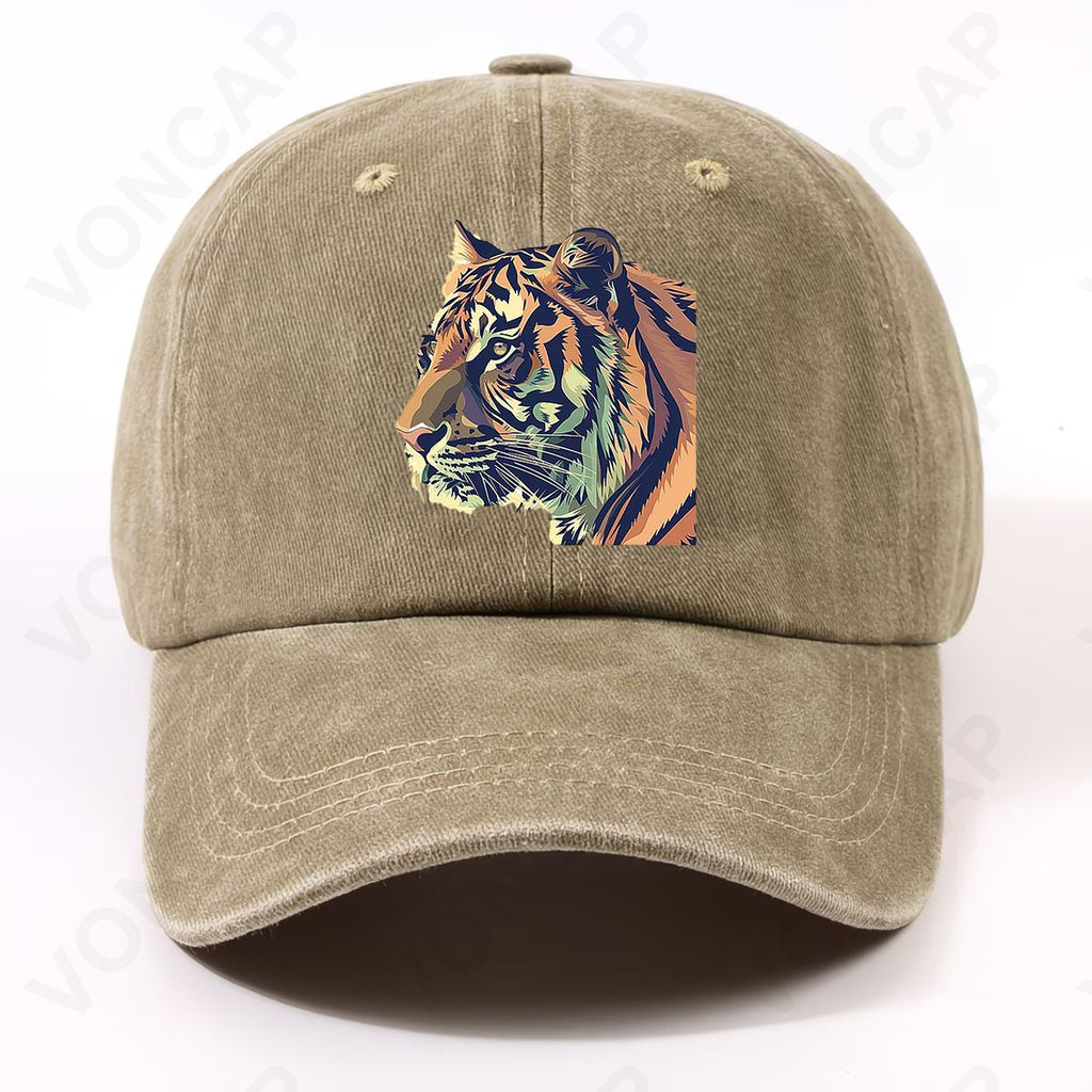 Unisex Adjustable Tiger Print Cap - Lightweight Washed Cap with Hook-and-Loop Closure, Front Chest Tiger, Machine Washable Suitable for Sports, Campus, Commute, Parties - Casual Tiger-Themed Hat