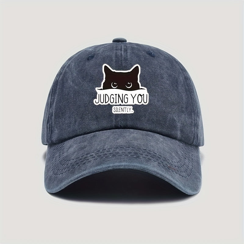 Vintage-Style Adjustable Baseball Cap Featuring a Cat Design with The Words "Silently Judging You"