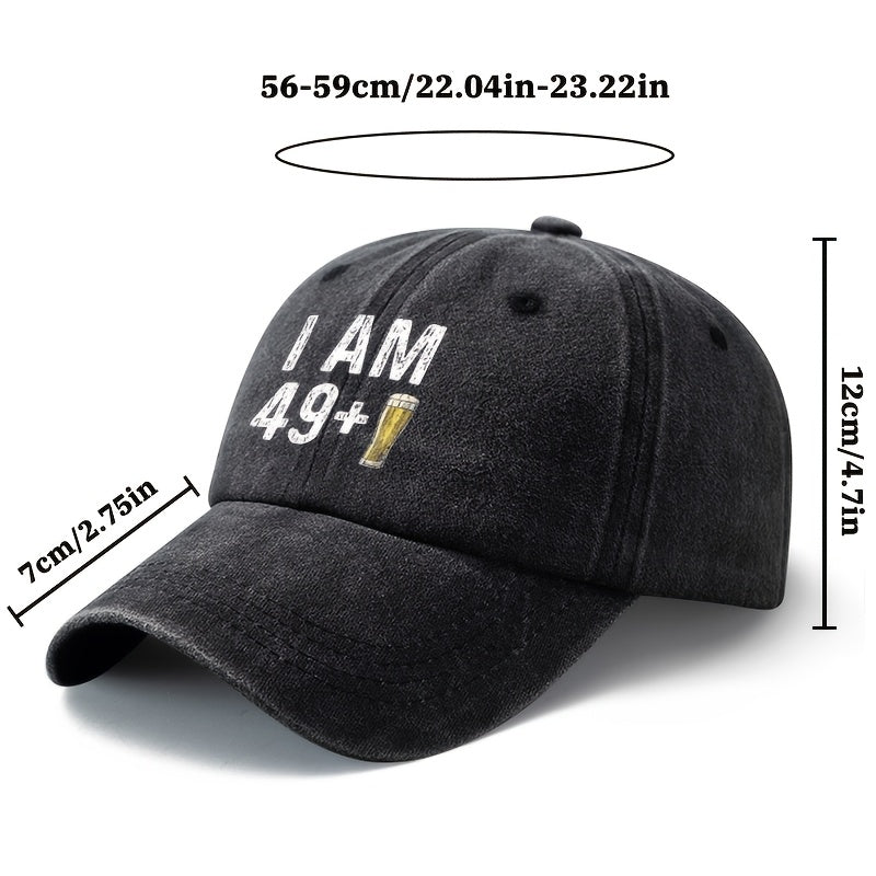 Unisex Fashion Versatile Printed I AM 49+ Beer Baseball Cap, Classic Retro Washed Outdoor Lightweight Curved Cap, Trucker Hat, Suitable for Outdoor Vacation Travel Camping And Other Casual Occasions, Holiday Party Hip-Hop Hat
