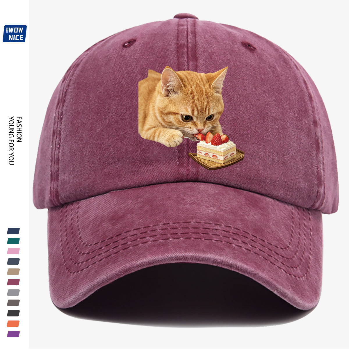 1pc Orange Cat Eating Strawberry Cake Fun Printed Baseball Cap, Cute And Playful Design Unisex Adjustable Size Casual Hat for Shopping, Dating, Coffee Shop Gatherings, Park Walks, Best Friend Outings, Weekend Fun, Party Activities, Trendy Accessory