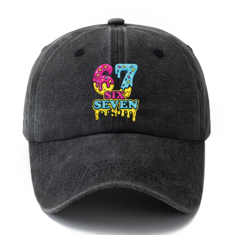Unisex, Fashionable And Versatile Printed Cream Donut 67 SIX SEVEN Baseball Cap, Classic Retro Washed Outdoor Lightweight Curved Brim Cap, Suitable for Outdoor Vacations, Travel, Camping, And Other Casual Occasions, Hip-Hop Cap for Holiday Parties