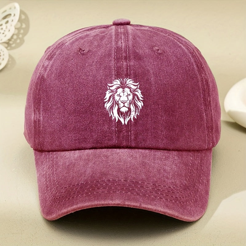 Men's & Women's Vintage Lion Baseball Cap - White Retro Dad Hat with Lion Print, Soft Washed Pull-String Cap Suitable for Outdoor Driving, Machine Washable Unisex Driving Hat