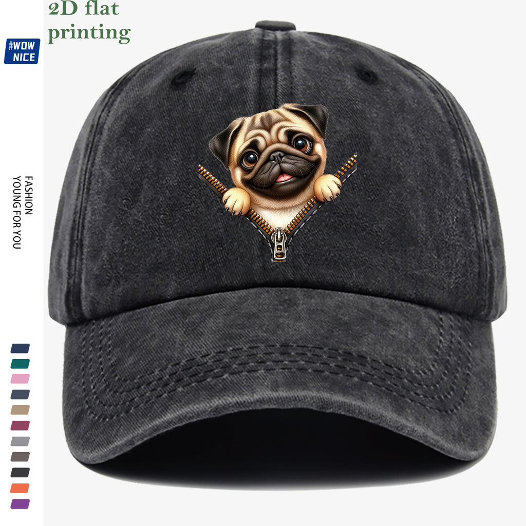 1pc Pug Zipper Print Baseball Cap, Cute Animal Pattern Headwear, Fashionable and Versatile Hat Accessory, Unisex Street Style Hat with Adjustable Size, Slimming and Face-Shaping, Suitable for Daily Outings, Parties, Dates, Shopping, Outings