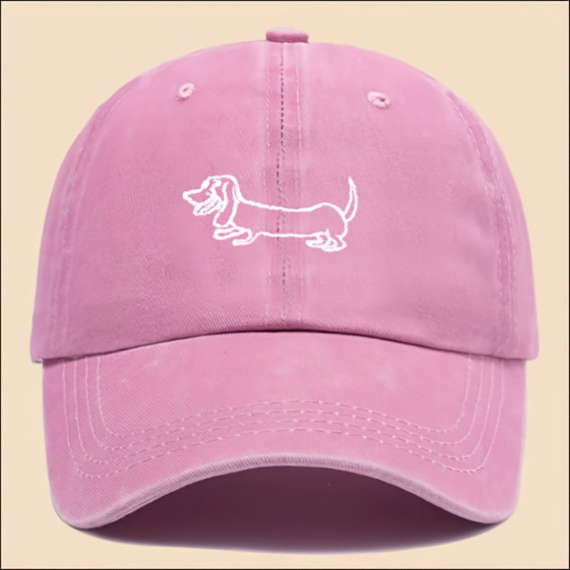 Vintage Washed Baseball Cap with Adorable Dachshund Embroidery - Black Textile, Breathable & Durable Unisex Casual Outdoor Hat for Men and Women, Hand Washable, Casual Headwear | Embroidered Cap | Breathable Fabric