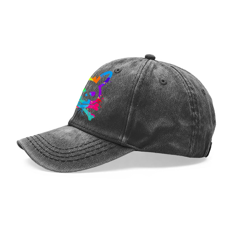 1pc of Vintage Washed Unisex Baseball Caps Featuring a Colorful Splatter Design with a Skull Rabbit Motif. These Adjustable Caps Are Perfect for Outdoor Activities And Casual Outings, Making Them Great Gifts for Both Men And Women