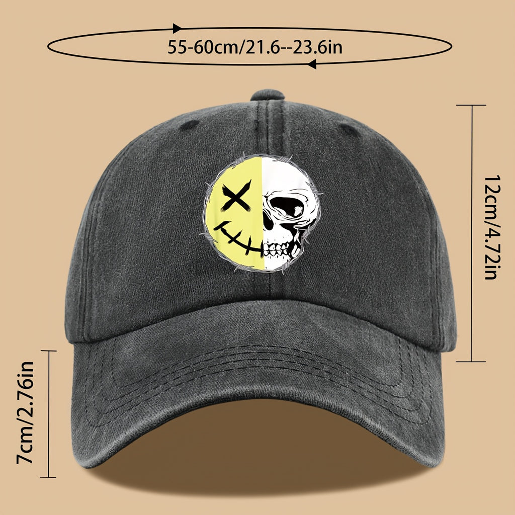 1pc Creative Smiling Face Half Skull Print Baseball Cap, Urban Casual Headwear, Individual All-Match Casual Clothing Accessory, Men And Women Outdoor Universal Dad Hat, Adjustable Size, Breathable Comfortable Vintage Black Papa Trucker Hat