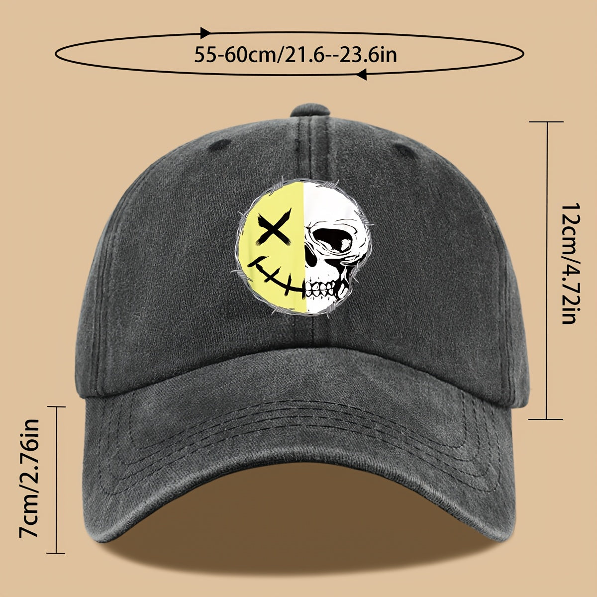 1pc Creative Smiling Face Half Skull Print Baseball Cap, Urban Casual Headwear, Individual All-Match Casual Clothing Accessory, Men And Women Outdoor Universal Dad Hat, Adjustable Size, Breathable Comfortable Vintage Black Papa Trucker Hat