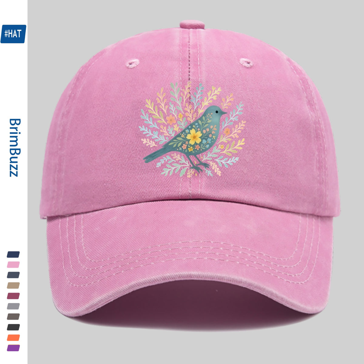A Baseball Cap Featuring a Print of Birds Surrounded by Flowers And Plants, a Vintage Design Sun Hat, a Comfortable And Lightweight Trucker Hat with Adjustable Straps, an American Street Style Skateboard Cap