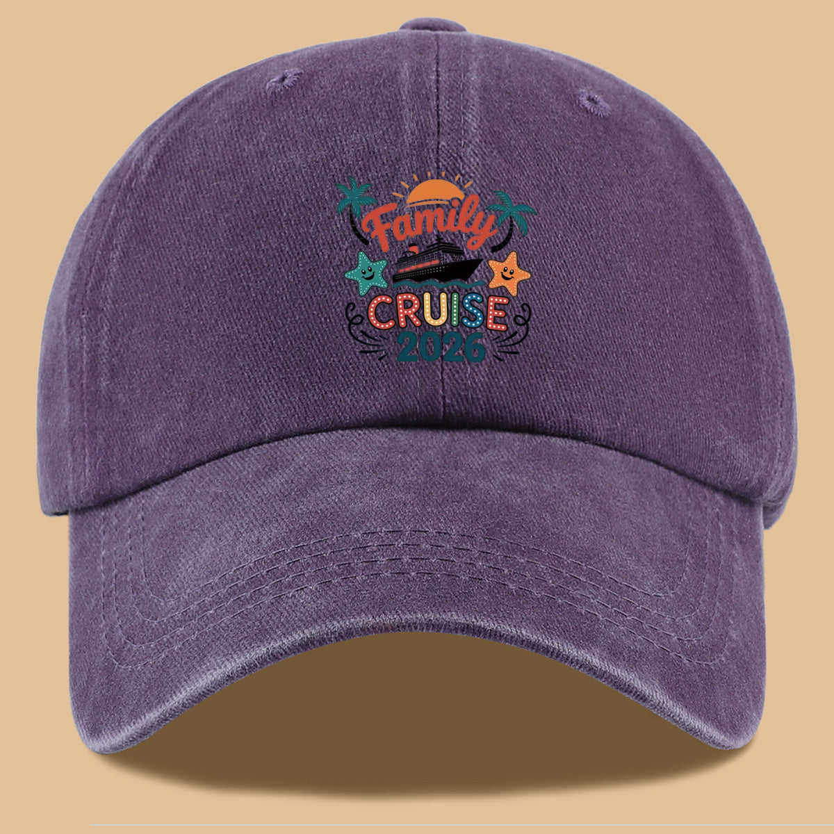 1pc "Family Mail Steamer 2025.98inch" Themed Printed Baseball Cap, Fun Cartoon Mail Steamer Ship, Stars, Palm Trees, Sunset Pattern, Fashionable Casual Sun Hat, Unisex, Adjustable Size, Dad's Fishing Hat, Mom's Vacation Hat, Suitable for Family