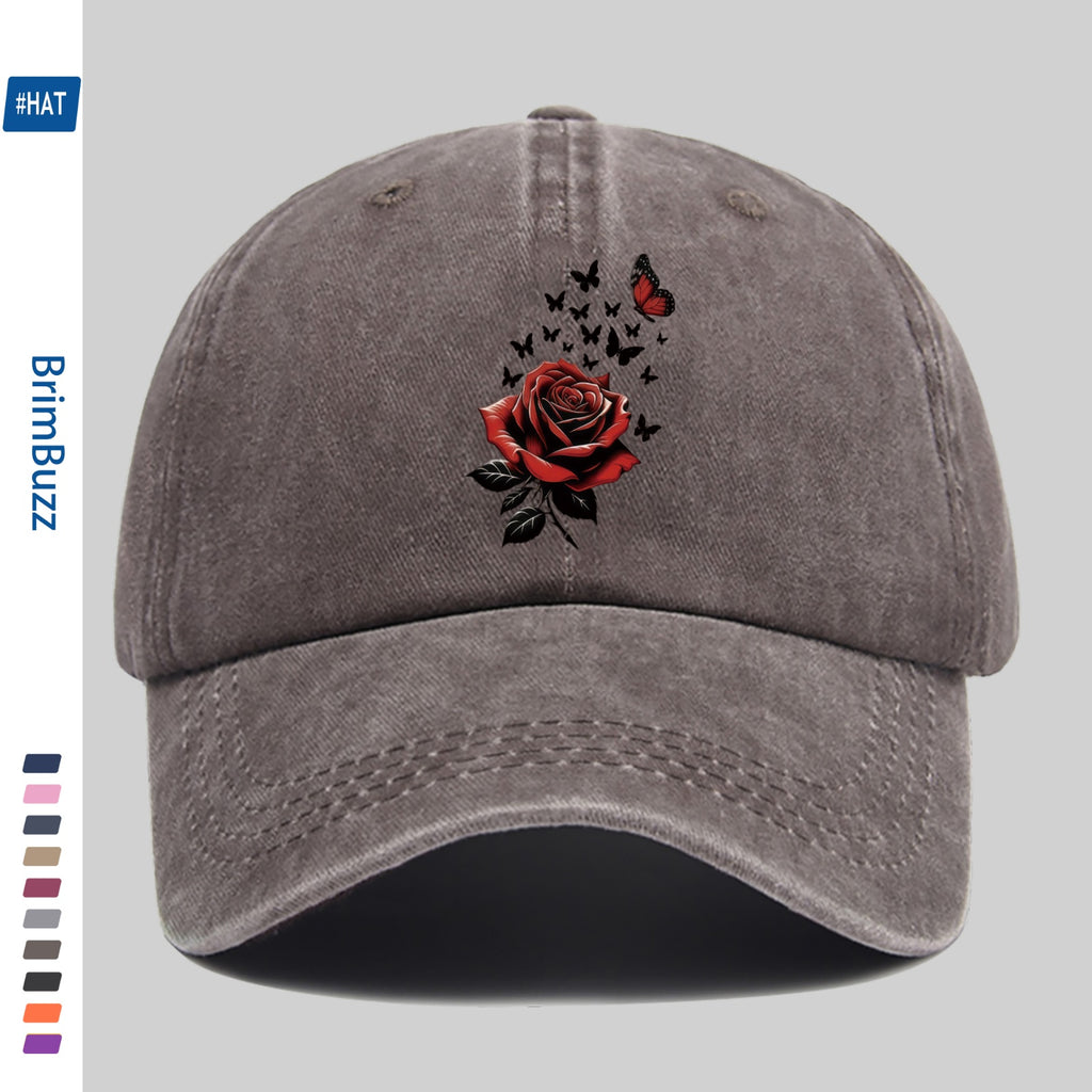 1pc Adjustable Trucker Sun Hat, Unisex, Vintage Washed Baseball Cap with Rose And Butterfly Print, Lightweight Outdoor Hat Suitable for Beach, Travel, Cycling, Party Gifts, Non-Elastic Strap Hat Suitable for Daily Casual Wear (Hand Washable)