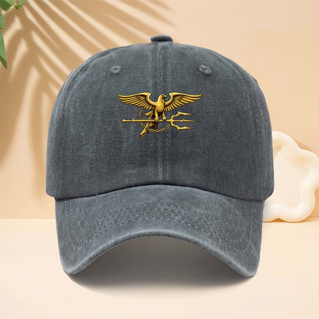 Baseball Cap with Golden Eagle Grasping Trident Pattern, American Retro Mythological Street Style Adjustable Unisex Casual Hat, All-Season Versatile Bent Brim Cap for Walking, Parties, Shopping, Dates, And Parties
