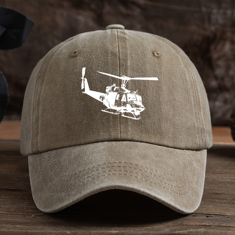 Vintage Helicopter Print Duckbill Cap - Distressed Washed Baseball Hat with Curved Brim, Soft Suitable for Outdoor Sports,, Camping, Streetwear & Hip-Hop Style - Retro Rock for Running and Mountaineering