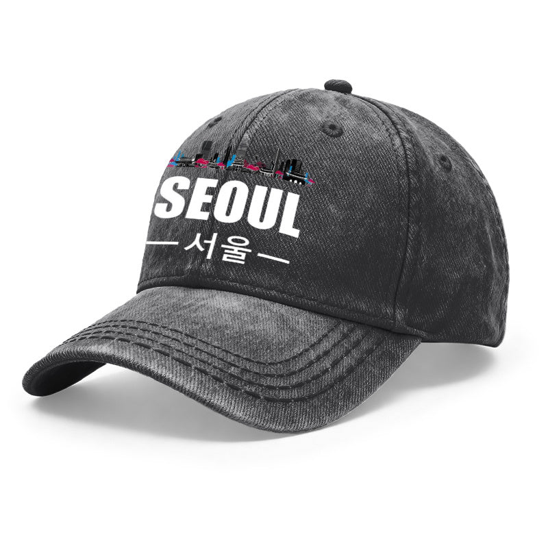 1pc Vintage Washed Unisex Baseball Caps, Seoul Skyline, Modern Cityscape Design Print Pattern, Adjustable, Suitable for Outdoor Activities and Casual Wear, Gifts for Men and Women, Friends.