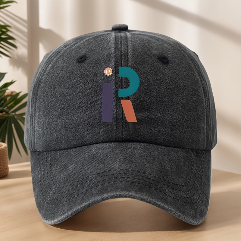 Vintage Washed Distressed Baseball Cap with R Letter Print & Duckbill Brim - Soft Breathable Sweat-Absorbent Suitable for Outdoor, Sports, Camping, Fishing, Streetwear - Curved Brim Hat for, Mountaineering, Hip-Hop Style