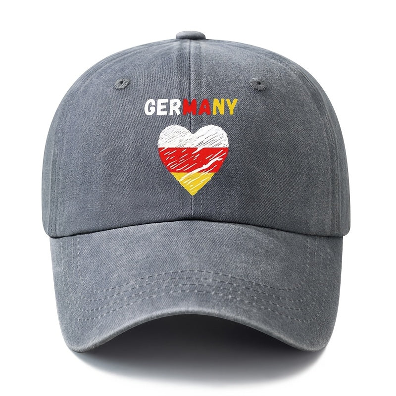 A Unisex Fashionable and Versatile Printed GERMANY Heart Baseball Cap, Featuring a Classic Vintage Washed Outdoor Lightweight Curved Brim. This Trucker Baseball Cap Is Suitable for Casual Occasions Such as Outdoor Vacations, Travel, and Camping