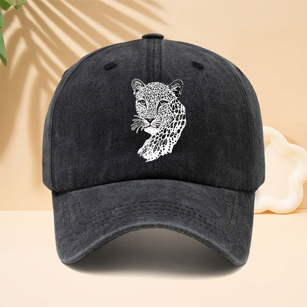 A Trendy Baseball Cap with a Black and White Leopard Head Illustration Print, Featuring a Soft Crown and Curved Brim. This Classic Snapback Hat Is an Adjustable Casual Cap Suitable for All Seasons. It's a Six-panel Trucker Hat, a Matching Couple's
