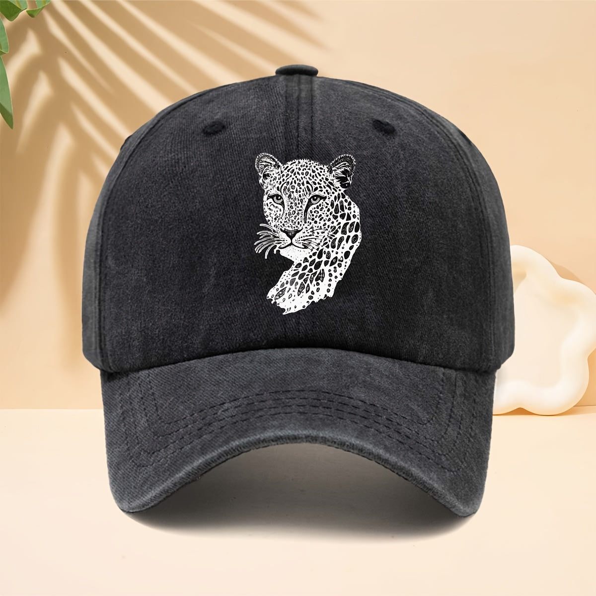 A Trendy Baseball Cap with a Black and White Leopard Head Illustration Print, Featuring a Soft Crown and Curved Brim. This Classic Snapback Hat Is an Adjustable Casual Cap Suitable for All Seasons. It's a Six-panel Trucker Hat, a Matching Couple's