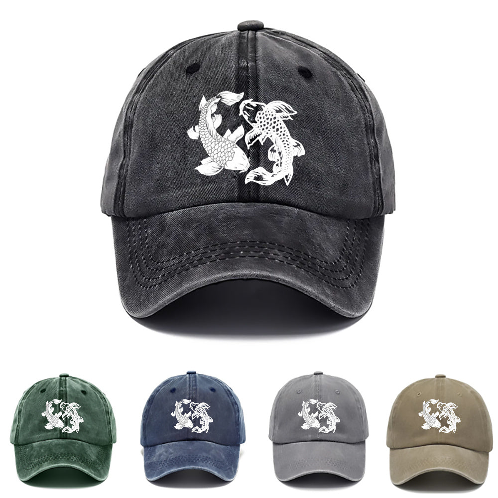 A Water-Washed Baseball Cap Featuring a Yin-Yang Fish Print - an Adjustable Unisex Hat with Traditional Chinese Koi Fish Symbols, Lightweight And Breathable for Outdoor Sun Protection, a Korean Cultural Accessory