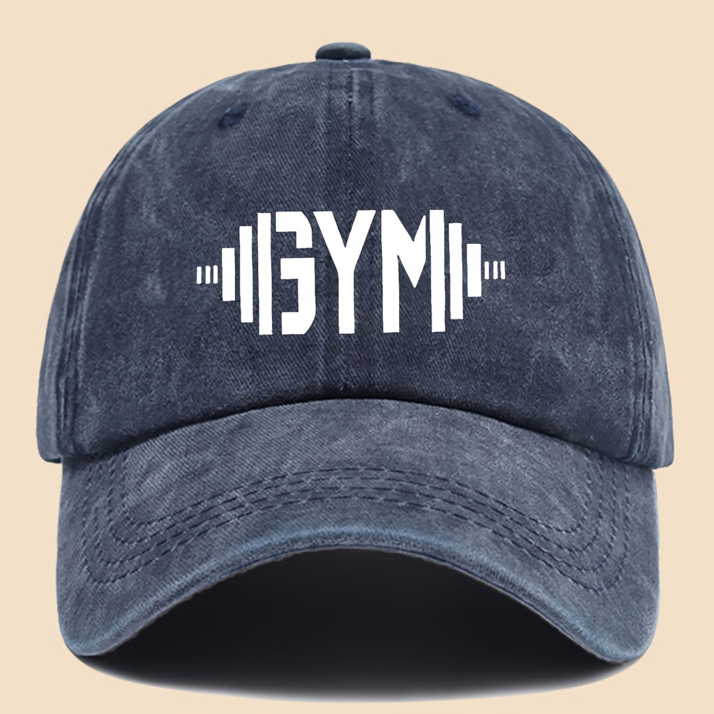 1 GymFlex Pro Breathable Baseball Cap with GYM Print and Dumbbell Design - Washed Fitness Cap, Suitable for Men, Women, and Teens - Ideal Accessory for Gym, Outdoor Activities, Camping, Cycling, and Skateboarding - Vibrant Lifestyle Hat