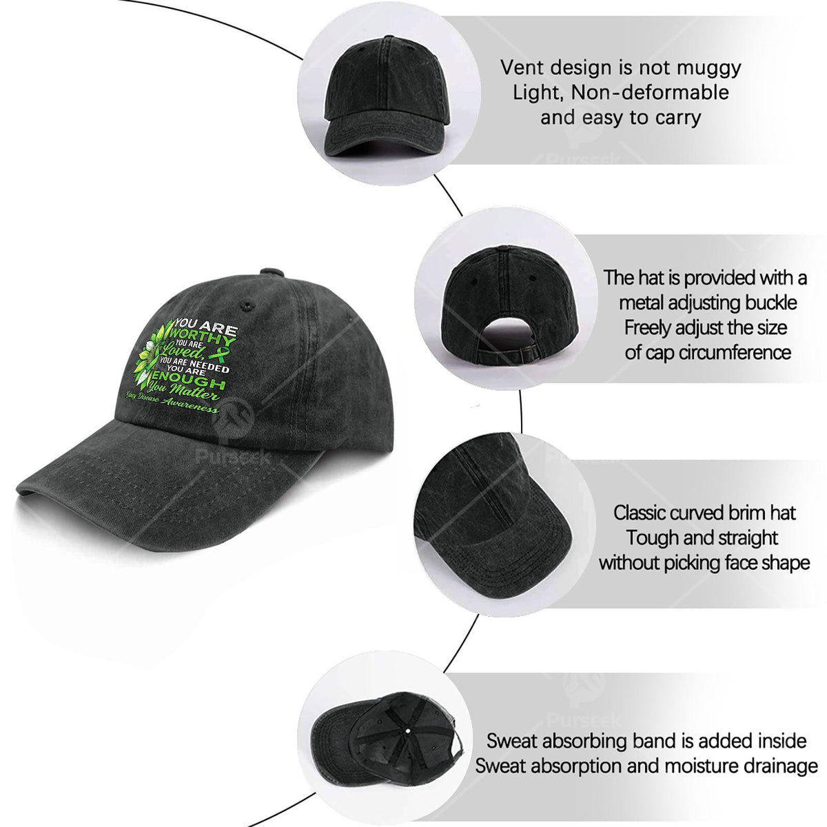 Inspirational Kidney Disease Awareness Warrior Green Ribbon Baseball Cap, Unisex