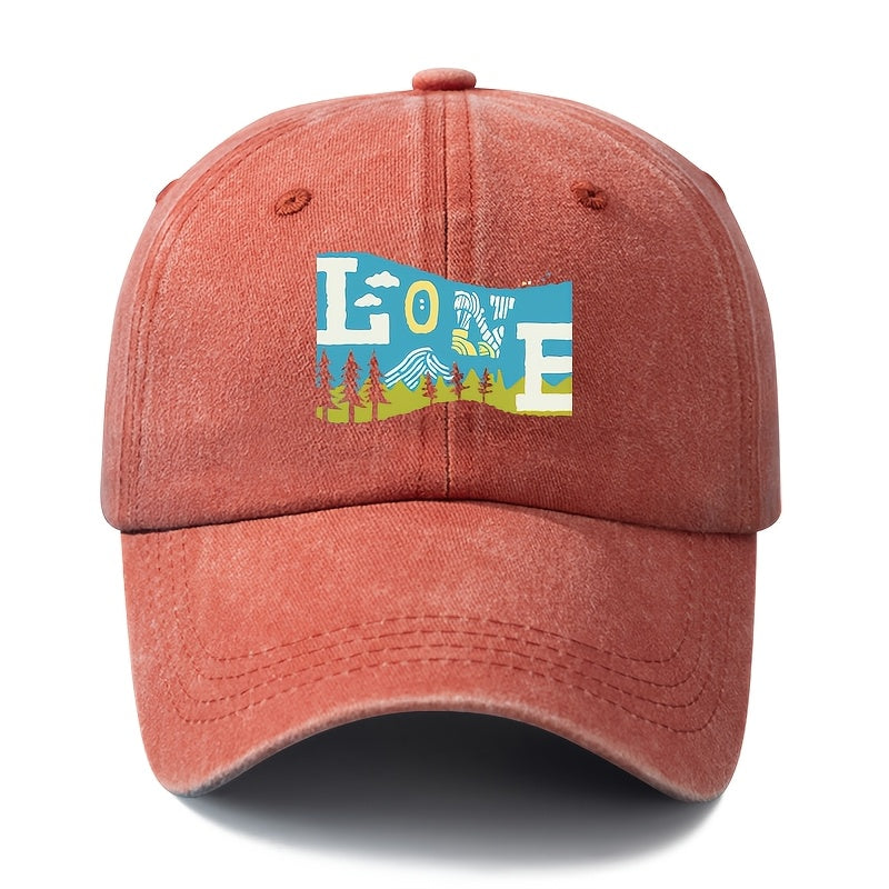Unisex Fashion Versatile Printed LOVE Outdoor Baseball Cap, Classic Retro Washed Outdoor Lightweight Curved Brim Hat, Trucker Cap, Suitable for Outdoor Vacation Travel Camping And Other Casual Occasions, Holiday Party Hip-Hop Hat