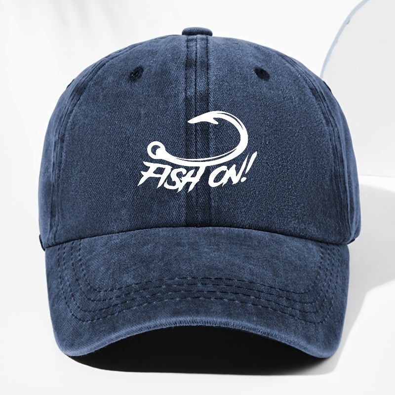 Unisex FISH ON Hook Print Washed Vintage Baseball Cap Fashion Men Women Sun Hat Adjustable Size Trucker Cap Suitable for All Seasons Daily Wear