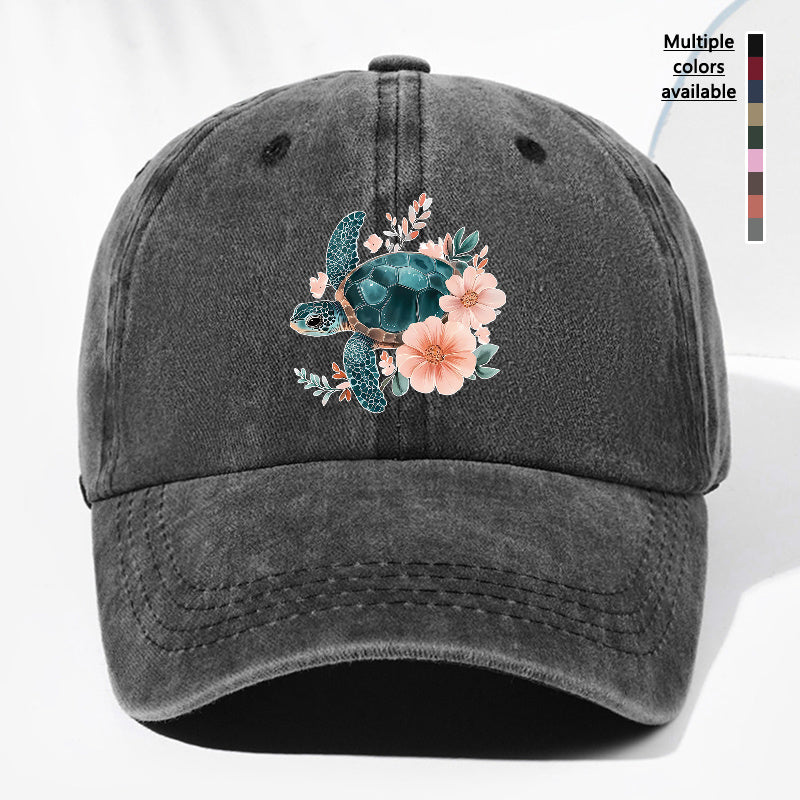 Unisex Floral Turtle Animal Print Washed Vintage Baseball Cap Fashion Men Women Sun Hat Adjustable Size Trucker Cap Suitable for All Seasons Daily Wear