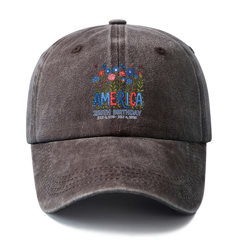 Special Baseball Cap for The 250Th Anniversary Celebration of The Founding of The United States, Unisex Printed Star And Stripe Floral Baseball Cap, Classic Retro Washed Lightweight Outdoor Curved Brim Cap, Trucker Baseball Cap, Suitable for Outdoor
