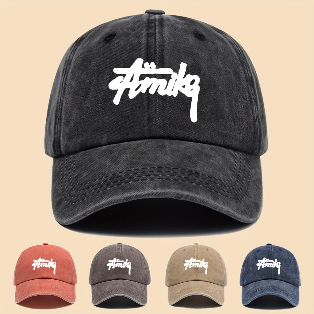 1pc AMIKE Printed Urban Cool Baseball Cap - Unisex Adjustable Washed Skate Cap for Outdoor Adventures, Breathable Fashion Unisex Design, Perfect for Hiking, Fishing, Dating - Ideal Gift for Teens, Couples, and Families for Birthdays/Holidays
