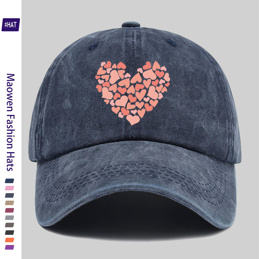 Summer Unisex Adjustable Baseball Cap, Washed Distressed Design, Large Heart Print with Small Heart Details, Washed Vintage Cap, Street Skateboard Cap, Retro Dad Hat, Durable, Comfortable, Breathable Trucker Cap