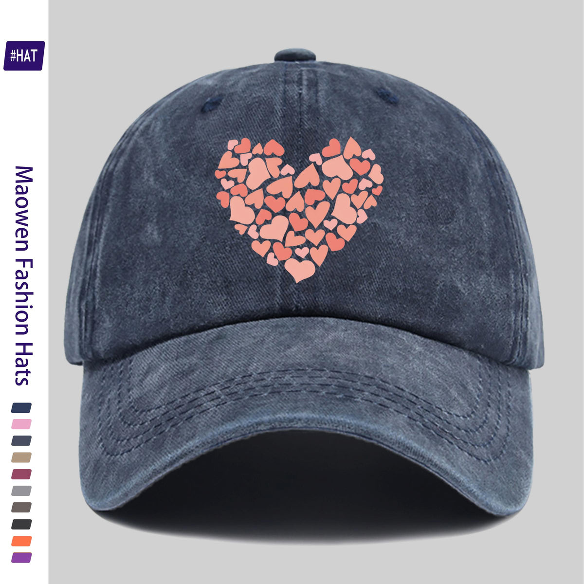 Summer Unisex Adjustable Baseball Cap, Washed Distressed Design, Large Heart Print with Small Heart Details, Washed Vintage Cap, Street Skateboard Cap, Retro Dad Hat, Durable, Comfortable, Breathable Trucker Cap