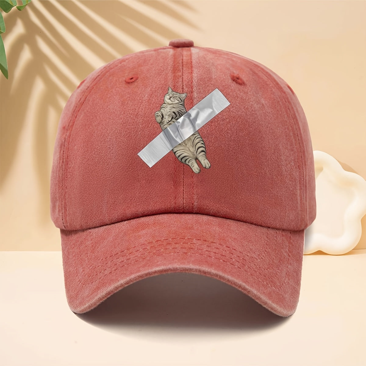 Adjustable Cat Tape-Printed Baseball Cap with Tape-Themed Tab & Curved Brim - Soft Top Trucker Hat Suitable for All- Wear, Unisex for Men & Women, Casual, Parties, Hip-Hop Outfits - Durable Comfortable Design