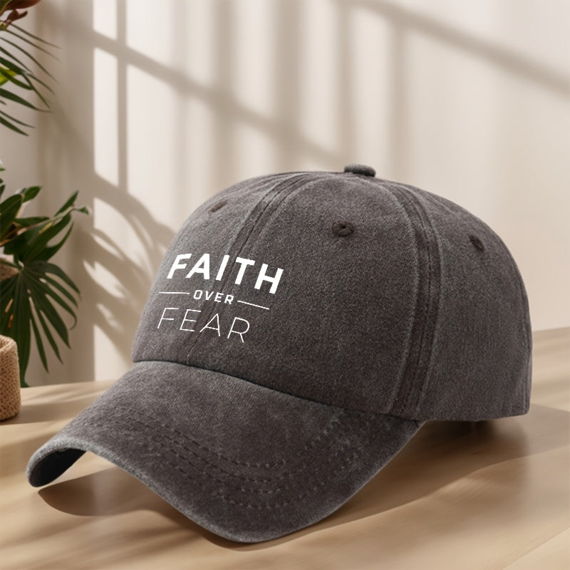 FAITH OVER FEAR字母印画棒球帽经典水洗复古做旧鸭舌帽户外休闲运动逛街度假旅行遮阳帽子轻便柔软舒适吸汗透气帽子个性街头嘻哈帽