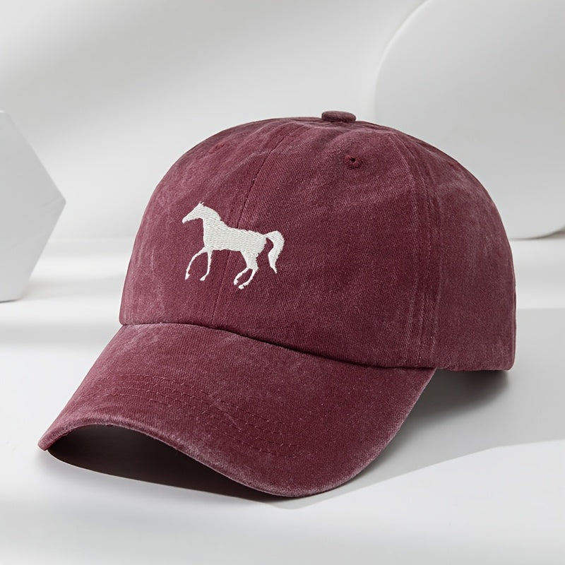 High-Quality White Horse Embroidered Baseball Cap, Washed Vintage Adjustable Duckbill Hat, Soft Top, Breathable, Sweat-Absorbing, Sun-Protective Trendy Hat