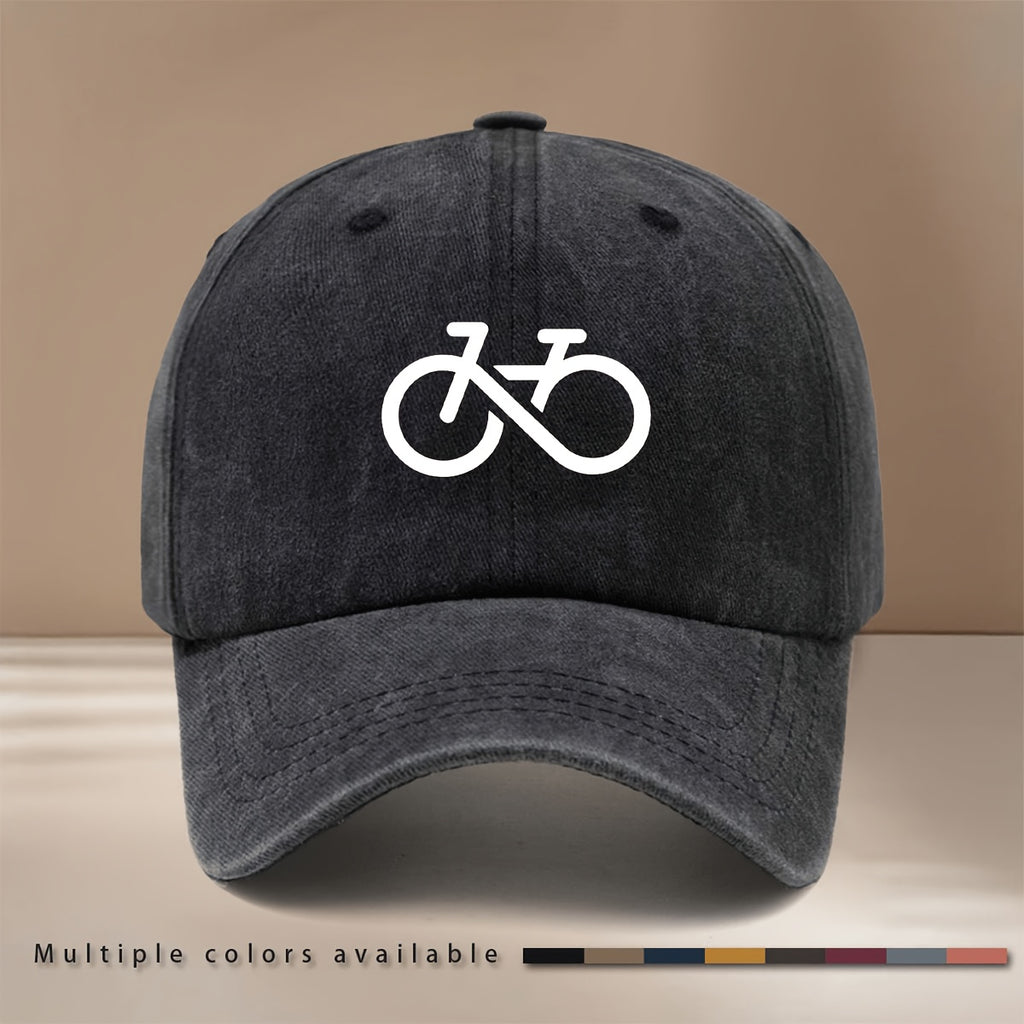 Baseball Cap with Stick-figure Bicycle Print, Suitable for Vacations, Travel, Gatherings, and Camping. Features a Curved Brim, Adjustable Size, and Textured Hip-hop Style. Comfortable and Lightweight, This Unisex Six-panel Cap Is Also a Casual