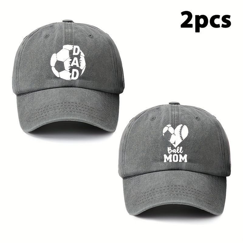 Parents' 2pcs Printed Football Heart-shaped Letter Vintage Soft-top Baseball Cap, Adjustable Style, Suitable for Daily Wear in All Seasons, an Essential Fashion Hat for Outdoor Sports, Fishing, and Camping