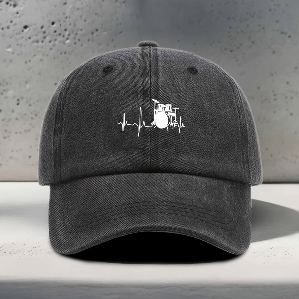 Men's & Women's Baseball Cap with Music-Themed Drum Print & Heartbeat Line - Adjustable Snapback Curved Brim Hat Suitable for Music Festivals, Outdoor Sports, Daily Wear - Washed Unisex Drummer Cap for Concerts and Casual Outfits