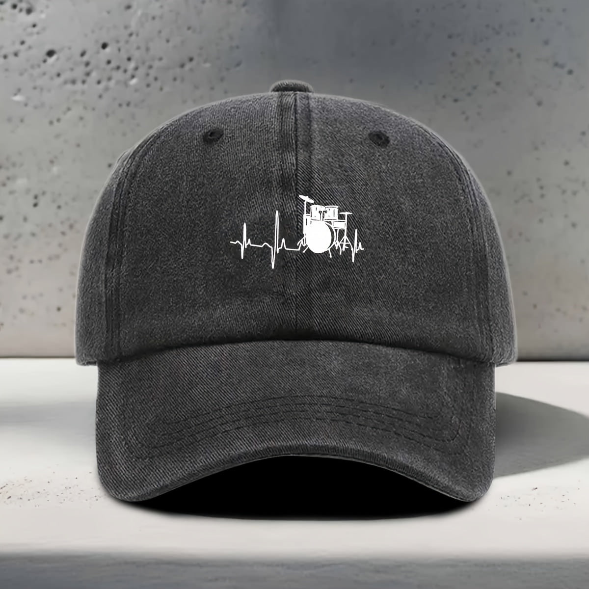Men's & Women's Baseball Cap with Music-Themed Drum Print & Heartbeat Line - Adjustable Snapback Curved Brim Hat Suitable for Music Festivals, Outdoor Sports, Daily Wear - Washed Unisex Drummer Cap for Concerts and Casual Outfits