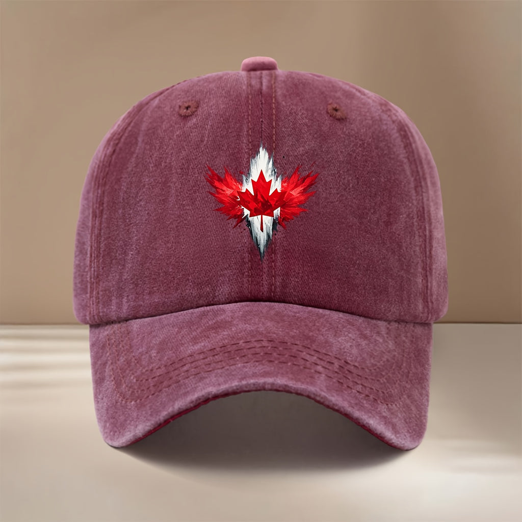 Red Maple Leaf Pattern Baseball Cap Lightweight Fashion Duckbill Hat Unisex Vintage Distressed Style for Parties, Camping, And Hip-Hop Outfits, Trendy Comfortable Curved Brim Hat with Texture And Versatile Fit, Casual Hat with Adjustable Size