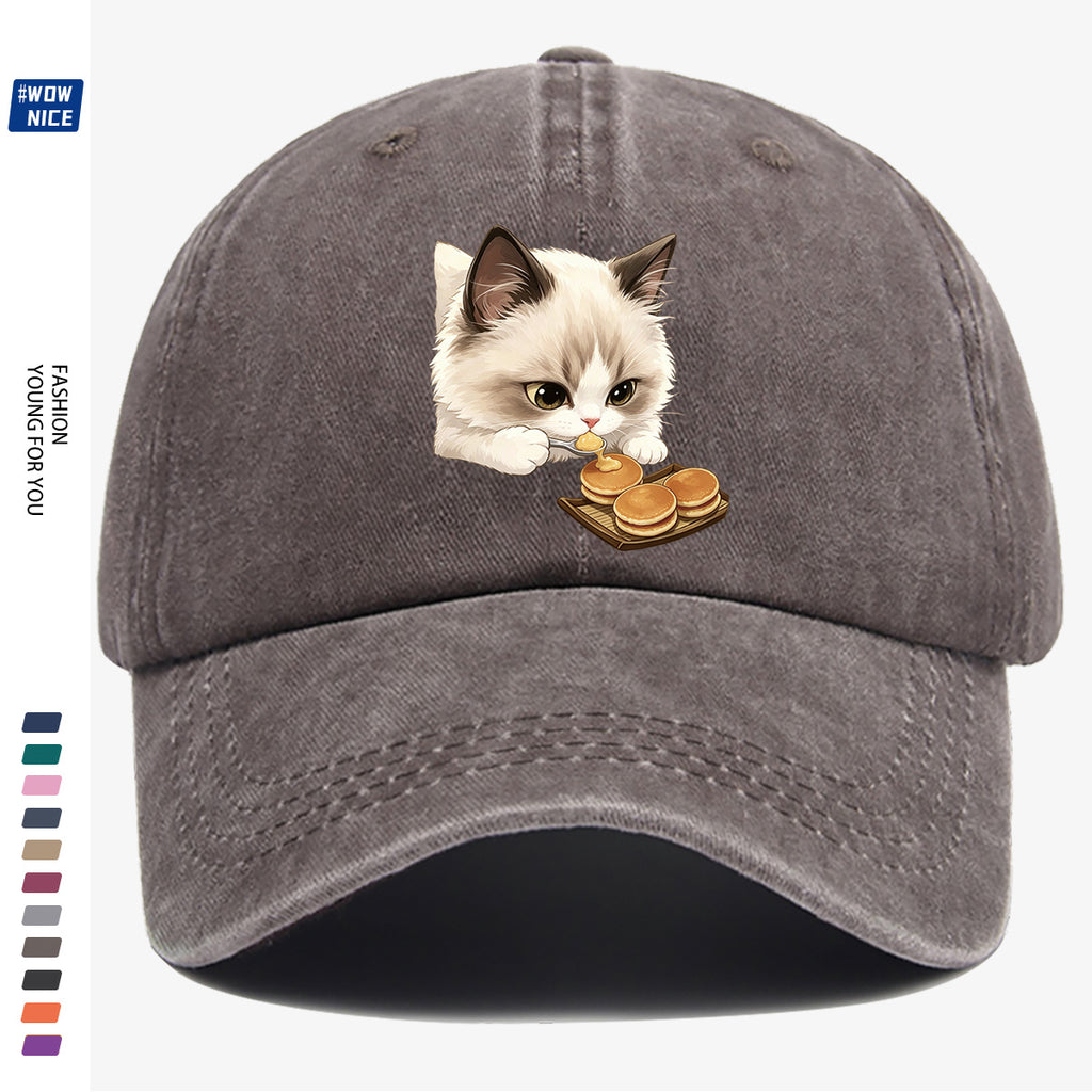 1pc 1pcs Cat Eating Muffin Baseball Cap with Kitten Print - Adjustable Unisex Hat Suitable for Men & Women, Cute, Streetwear, Café Outfits, Daily Wear, Fashionable Cap for Bestie Gatherings & Weekend Outings