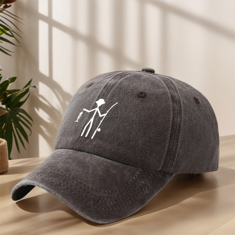Creative Design Fishing Print Baseball Cap Classic Washed Vintage Duckbill Hat Soft Comfortable Sweat-Absorbing Breathable Hat Outdoor Leisure Sports Fishing Camping Adjustable Sun Hat