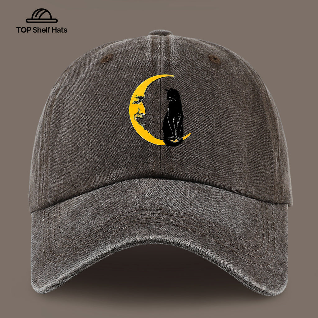 1pc Moon Cat Print Baseball Cap, Creative Illustration Sun Hat, Lightweight Comfortable Breathable Adjustable Size, Black PAPA Truck Driver Retro Dad Hat, Mom Beach Vacation Sun Hat, Youth Couple Outdoor Skate Hat