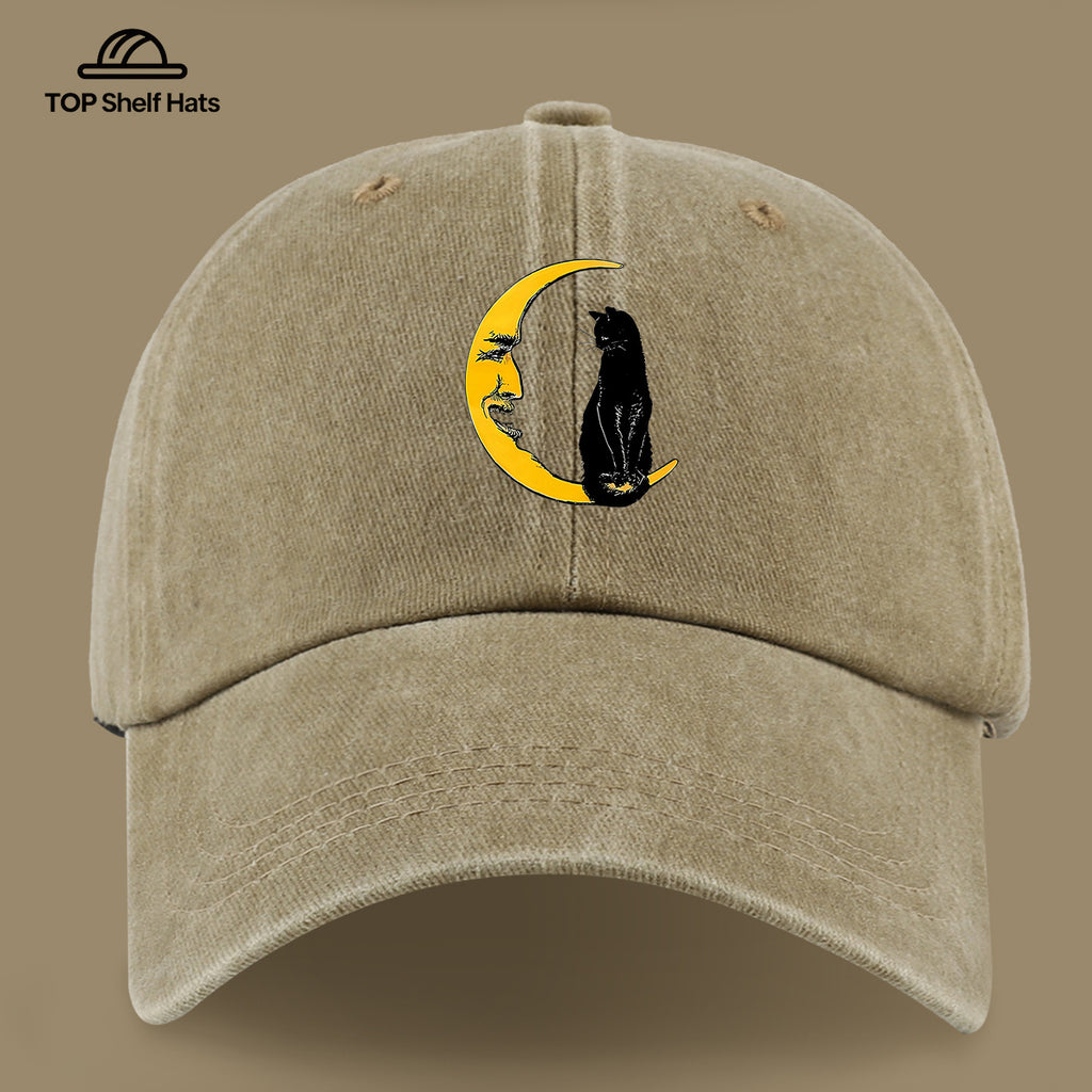 1pc Moon Cat Print Baseball Cap, Creative Illustration Sun Hat, Lightweight Comfortable Breathable Adjustable Size, Black PAPA Truck Driver Retro Dad Hat, Mom Beach Vacation Sun Hat, Youth Couple Outdoor Skate Hat