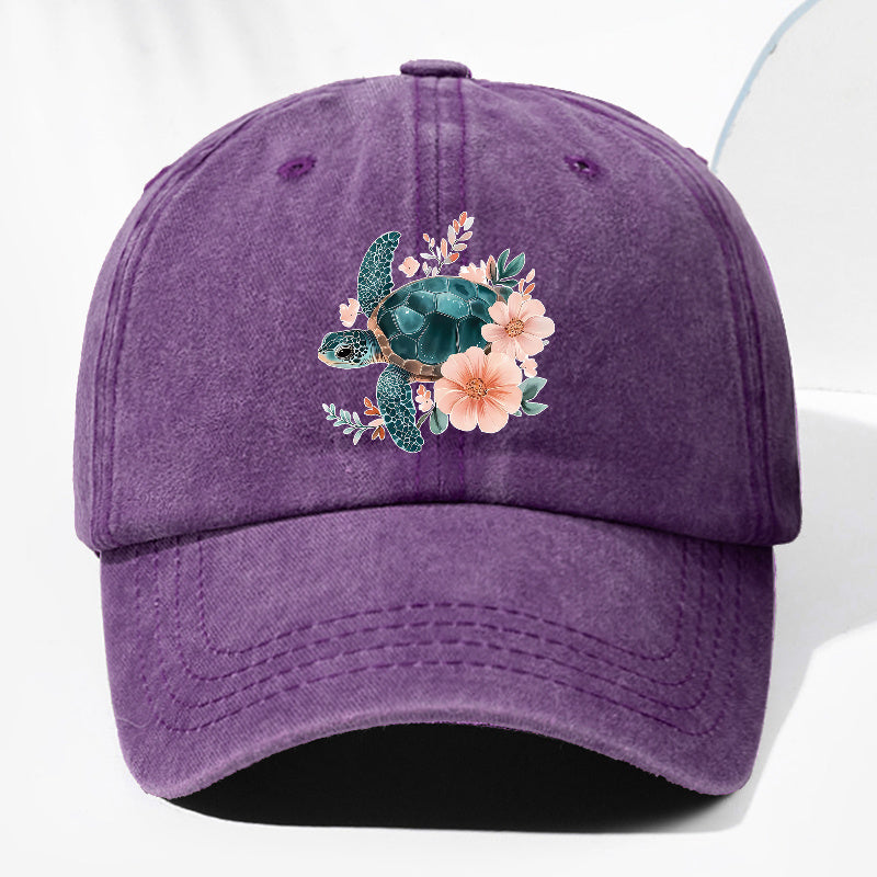 Unisex Floral Turtle Animal Print Washed Vintage Baseball Cap Fashion Men Women Sun Hat Adjustable Size Trucker Cap Suitable for All Seasons Daily Wear