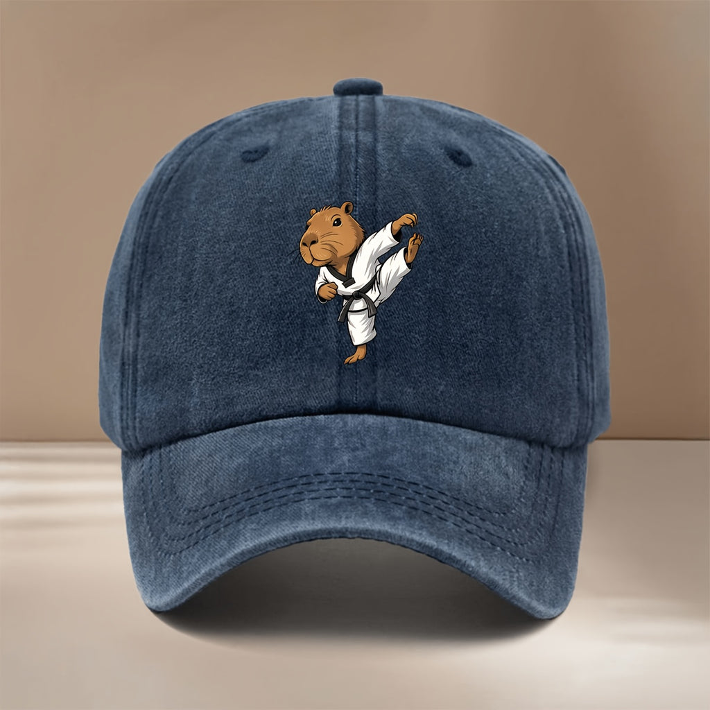 This Is a Comfortable And Stylish Baseball Cap Featuring a Capybara Design Related to Taekwondo. It Has an Adjustable Size, Suitable for Both Men And Women, And Is Lightweight And Trendy. Perfect for Outdoor Activities, Gatherings, And Camping