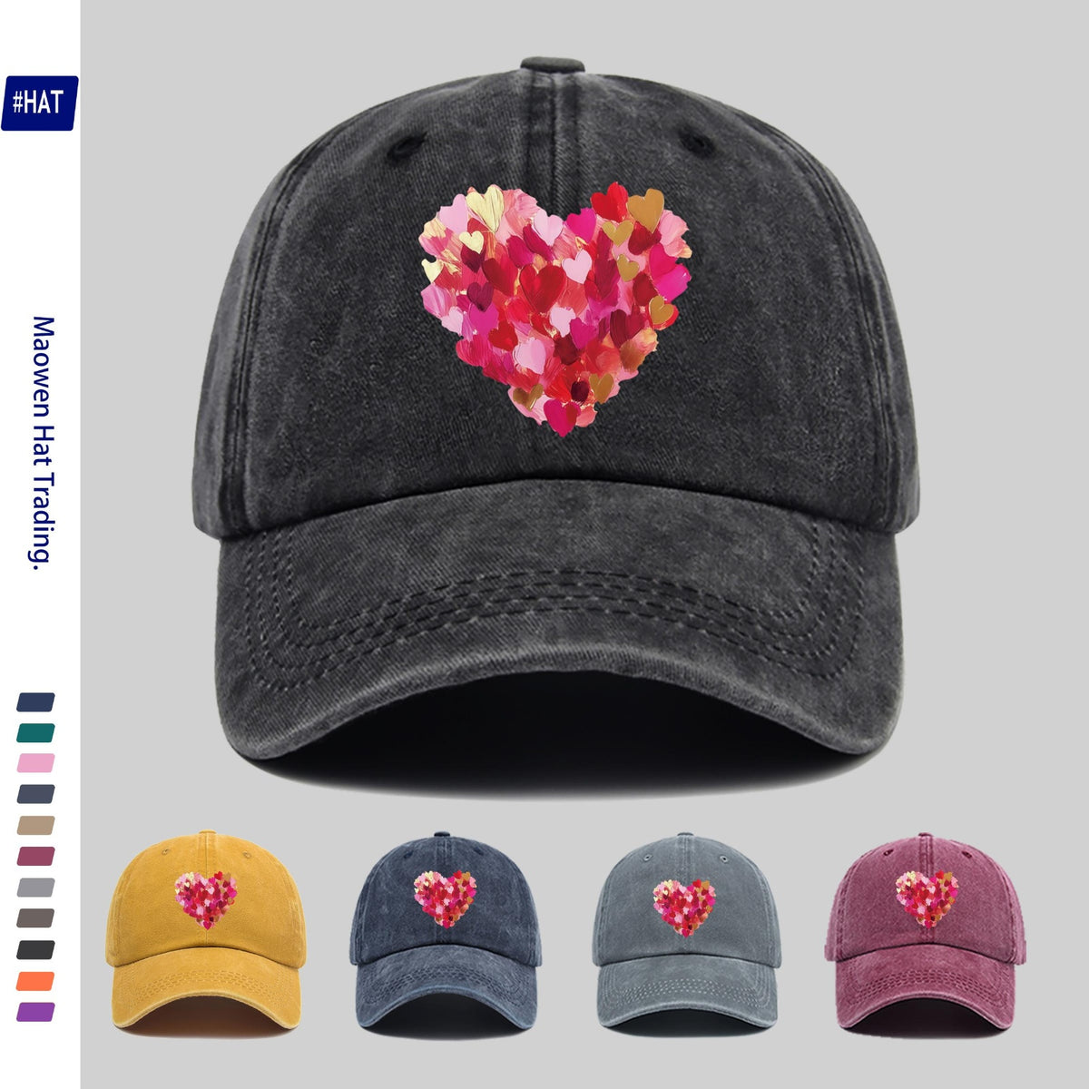 Heavy-Duty Washed Vintage Trucker Cap, Thick Oil-Painting Style Heart Print, Adjustable Snapback Closure, Suitable for Sports, Unisex Outdoor Cap, Ideal for All-Season Travel, Durable Headwear
