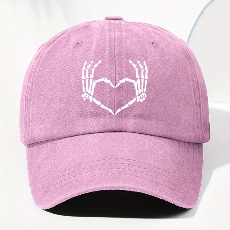 Men' & Women' Vintage Washed Baseball Cap with Heart & Skull Print - Adjustable Trucker Hat Suitable for All Seasons, Outdoor, Casual Wear, Retro Washed Style, Unisex for Daily Use, Driving,, and Everyday Fashion